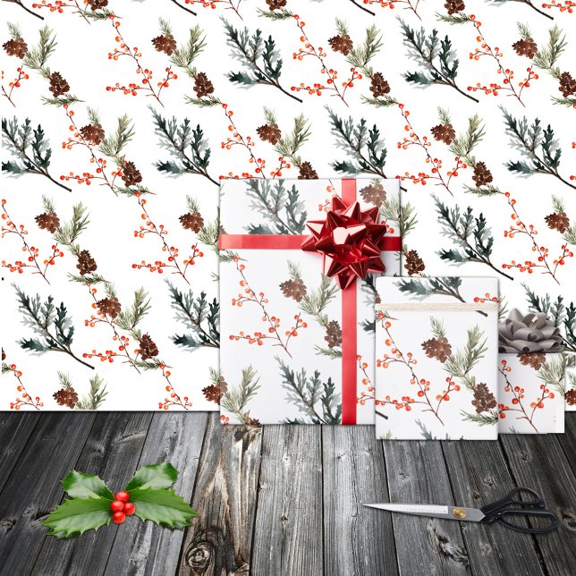 Papier Cadeau Branche de pin d'épinette d'hiver Connes Baies de  (Winter Spruce Pine Branch Cones Red Ilex Berries Christmas Holiday Gift Wrapping Paper Rolls)
