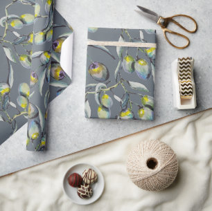 Papier Cadeau Branche d'olive aquarelle bleu vert