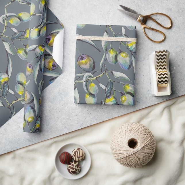 Papier Cadeau Branche d'olive aquarelle bleu vert (Artisanat)