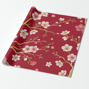 Papier Cadeau Branche dorée élégante de fleurs de cerisier