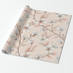 Papier Cadeau Branche Fleurie de Pêche Douce avec Fleurs Blanche