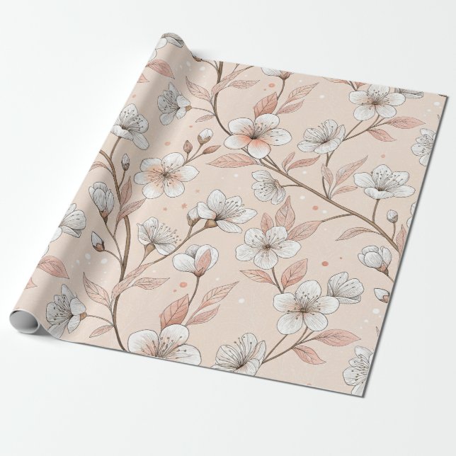 Papier Cadeau Branche Fleurie de Pêche Douce avec Fleurs Blanche (Déroulé)