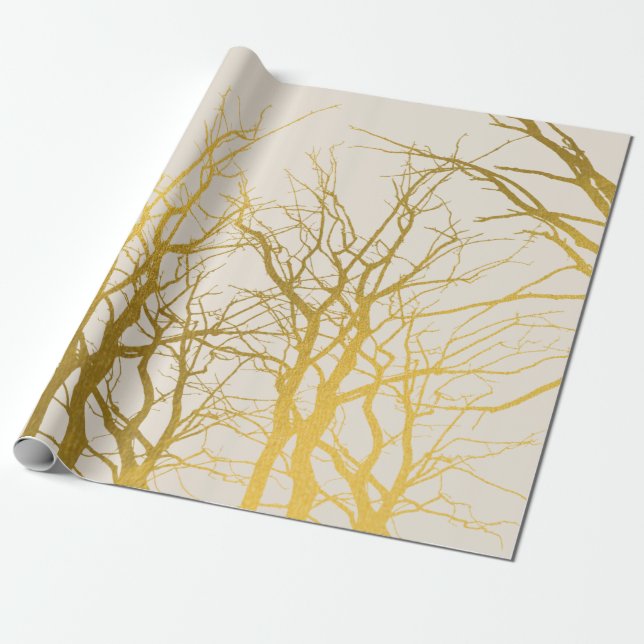 Papier Cadeau Branches d'arbre dorées sur fond beige  (Déroulé)