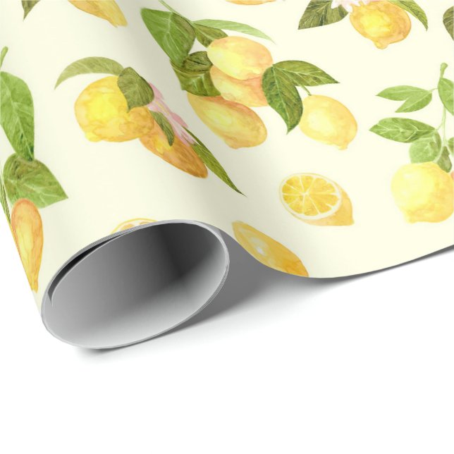 Papier Cadeau Branches de citron à l'aquarelle avec motif de fle (Coin rond)