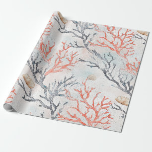 Papier Cadeau Branches de corail et vagues océaniques à l'aquare
