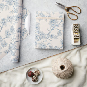 Papier Cadeau branches de fleurs de cerisier en bleu et blanc ca