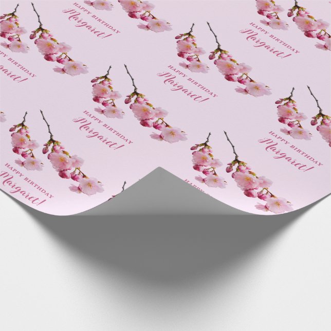 Papier Cadeau Branches de fleurs de cerisier rose Joyeux anniver (Coin)