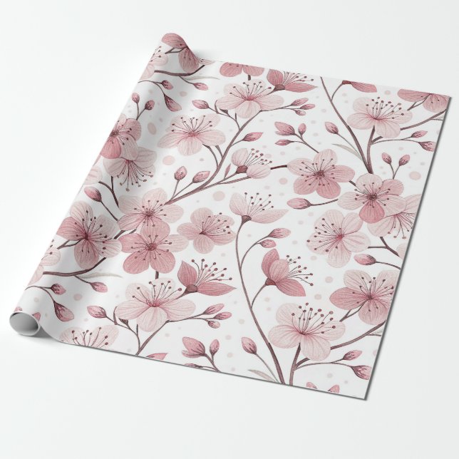 Papier Cadeau Branches de fleurs roses romantiques et floraison  (Déroulé)