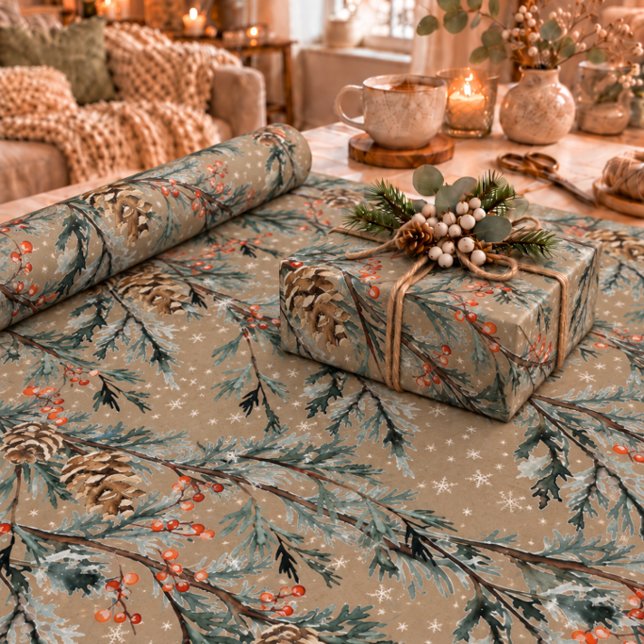 Papier Cadeau Branches de genévrier bleu kraft rustique, cônes e (Créateur téléchargé)