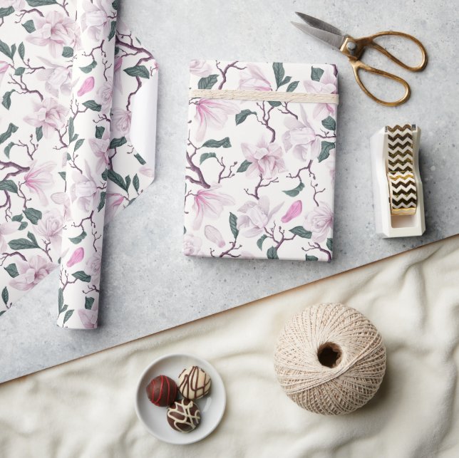 Papier Cadeau Branches de Magnolia Blush en floraison (Artisanat)