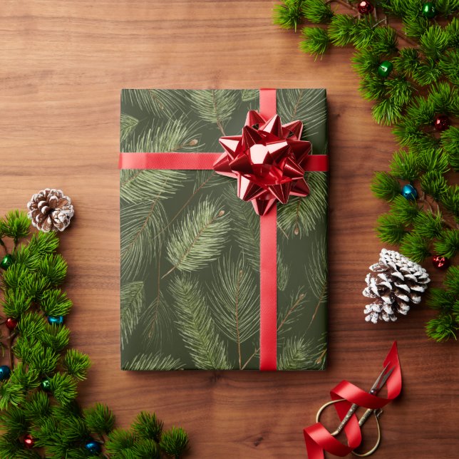 Papier Cadeau Branches de Noël élégantes en noir (Cadeau de vacances)