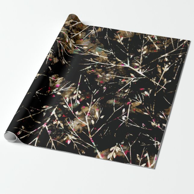 Papier Cadeau Branches de Noël en Boho noir et beige neutres (Déroulé)