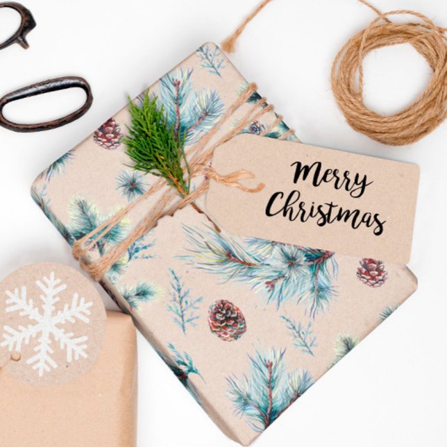 Papier Cadeau Branches de pin aquarelle Kraft Noël (Créateur téléchargé)