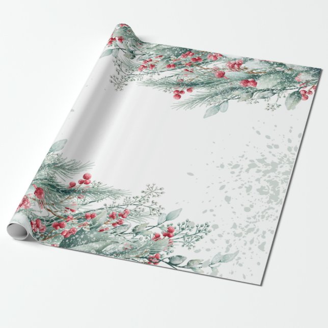 Papier Cadeau Branches de pin Baies Fêtes (Déroulé)