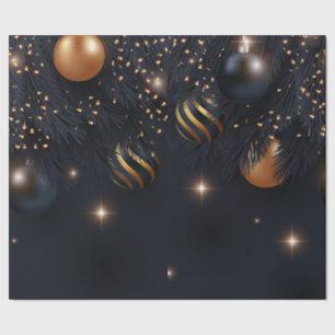 Papier Cadeau Branches de pin, boules de Noël noires