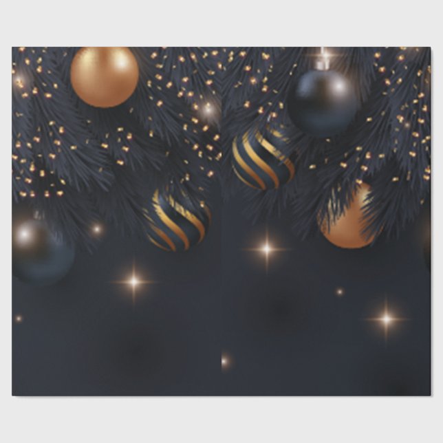 Papier Cadeau Branches de pin, boules de Noël noires (Couture)