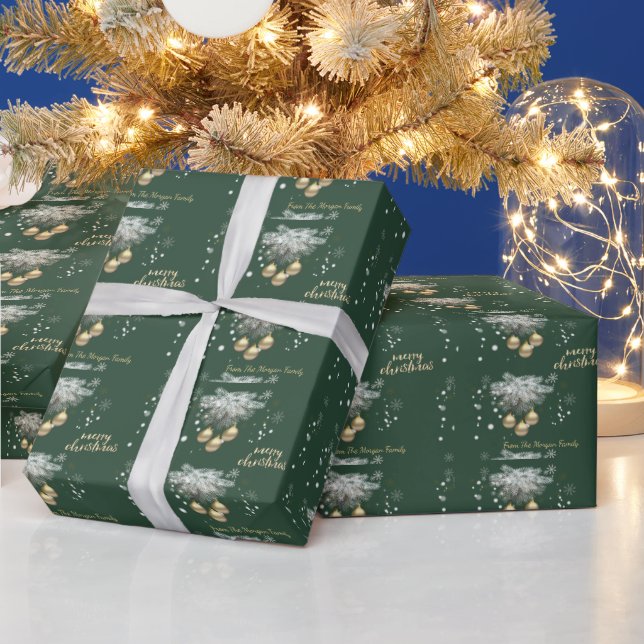 Papier Cadeau Branches de pin,Boules Vertes Joyeux Noël   (Vacances)