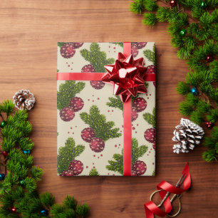 Papier Cadeau Branches de pin de Noël classiques et ornements ro