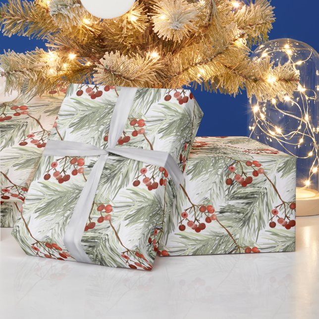 Papier Cadeau Branches de pin de Noël et baies rouges   (Vacances)