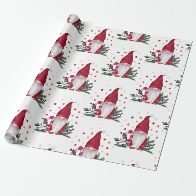 Papier Cadeau Branches de pin Gnome Étoiles Joyeux Noël (Déroulé)