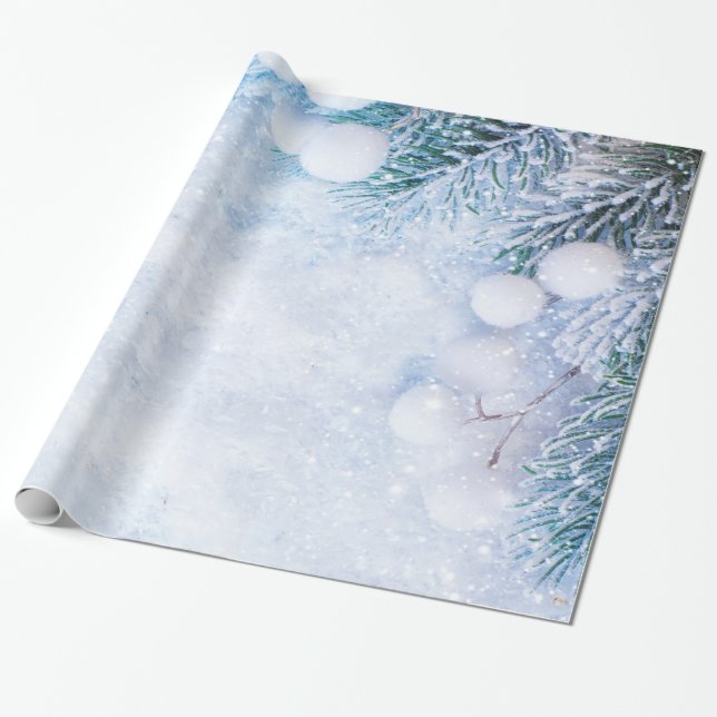 Papier Cadeau Branches de pin, Neige (Déroulé)
