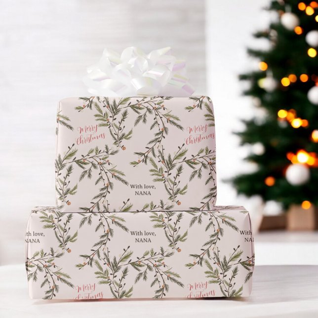 Papier Cadeau Branches de pin rustique Vacances rose Joyeux Noël (Rustic Pine Branches Holiday pink Merry Christmas Wrapping Paper)