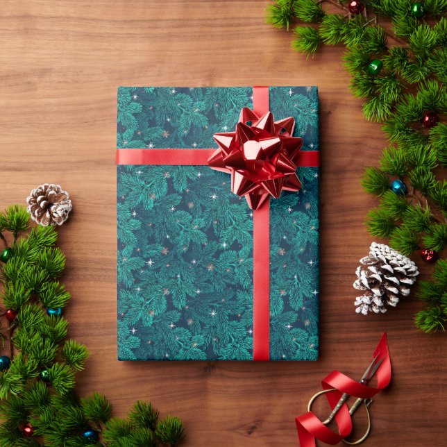 Papier Cadeau Branches de pin sarcelle avec flocons de neige bla (Cadeau de vacances)