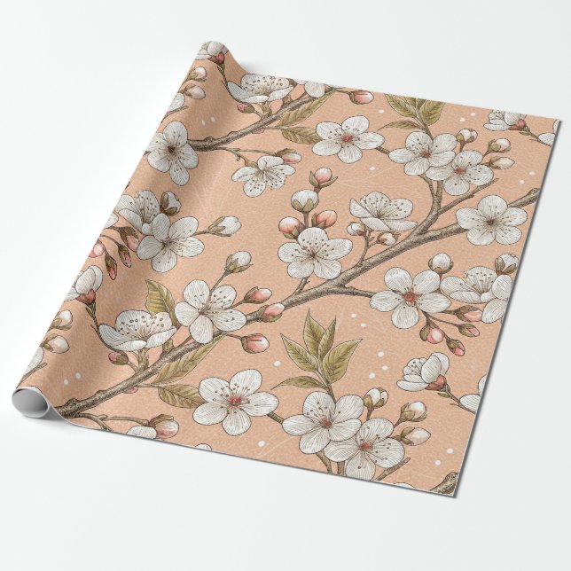 Papier Cadeau Branches de Sakura pêche Botanique florale blanche (Déroulé)