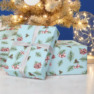 Papier Cadeau Branches de sapin à l'aquarelle de Noël, bonbon bl