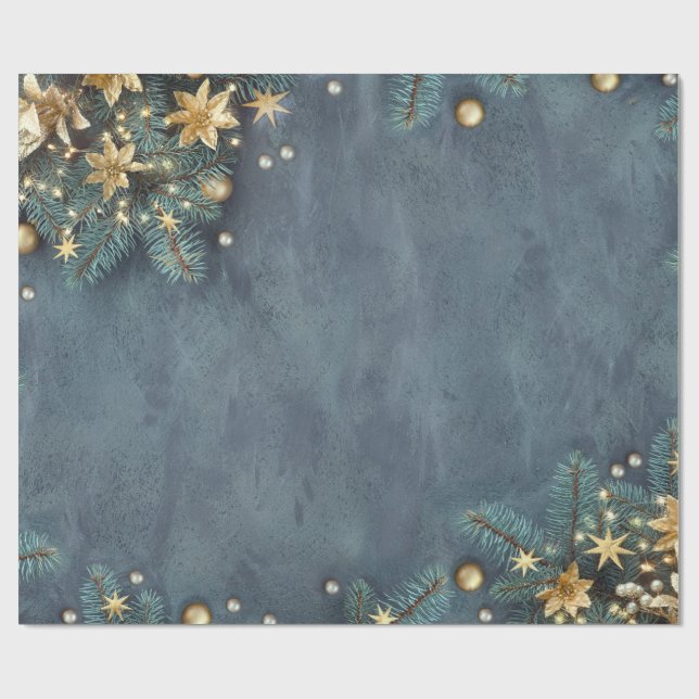 Papier Cadeau Branches de sapin de Noël, fleurs, étoiles (Plat)