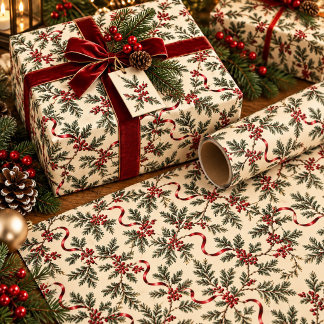 Papier Cadeau Branches de sapin et ruban rouge Motif botanique d