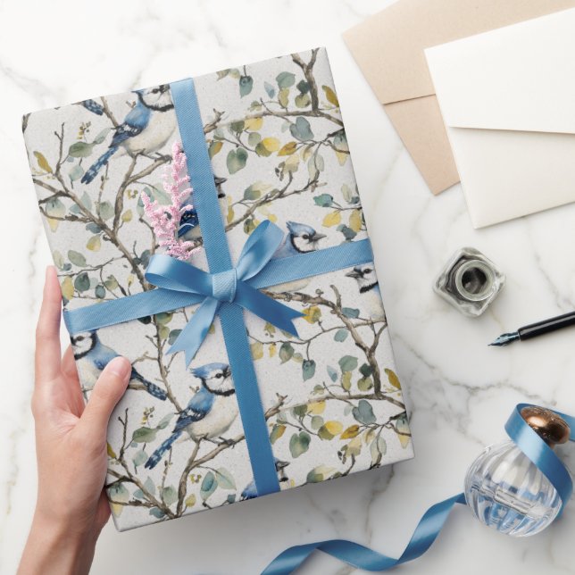 Papier Cadeau Branches et fleurs d'oiseaux Blue Jays (Cadeaux)