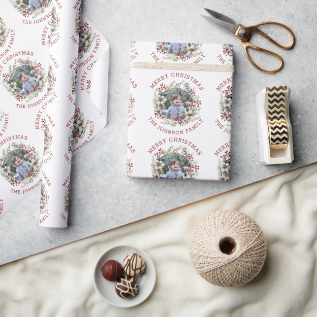 Papier Cadeau Branches fleurs blanches et baies photo Noël (Artisanat)