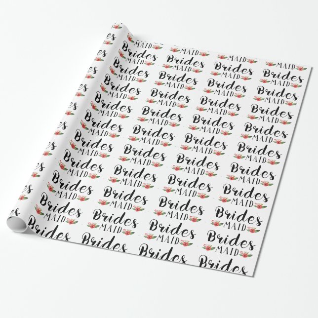 Papier Cadeau Bridesmaid Black Modern Text & Flowers Motif (Déroulé)