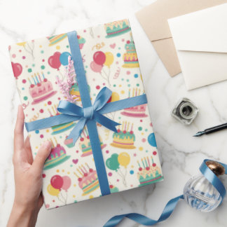 Papier Cadeau Bright Birthday Cakes and Balloons Wrapping Paper