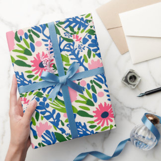 Papier Cadeau Bright Floral Fun Happy Rose Bleu Vert Bold Chic