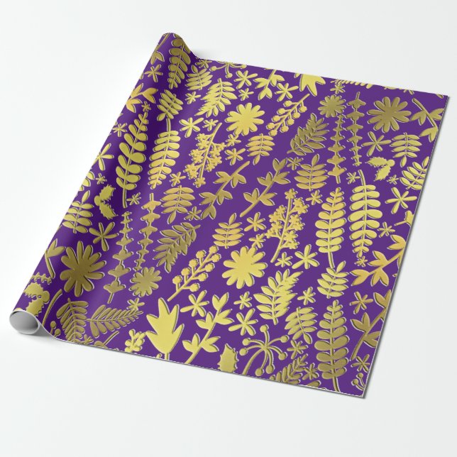 Papier Cadeau Bright Gold & Silver Christmas Tree Motif violet (Déroulé)