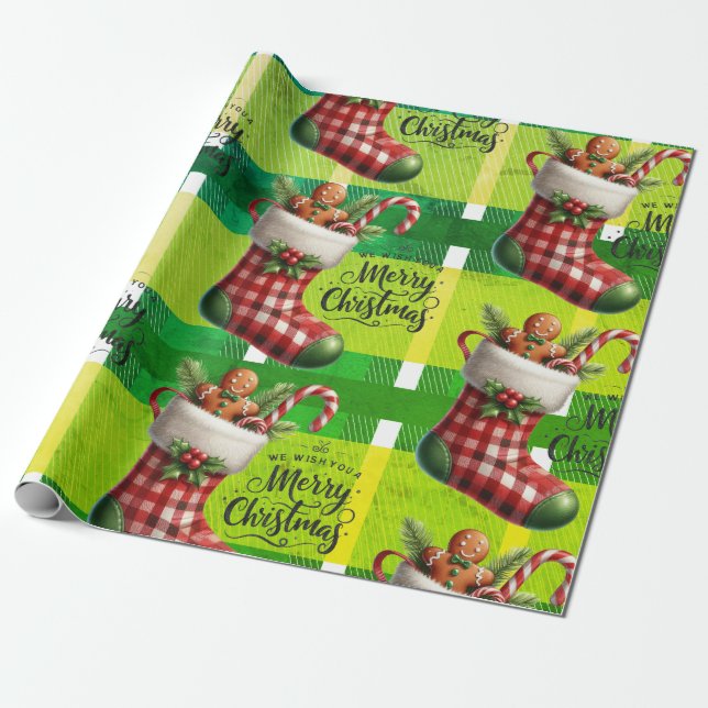 Papier Cadeau Bright Green Noël Plaid Fêtes Gingerbread  (Déroulé)