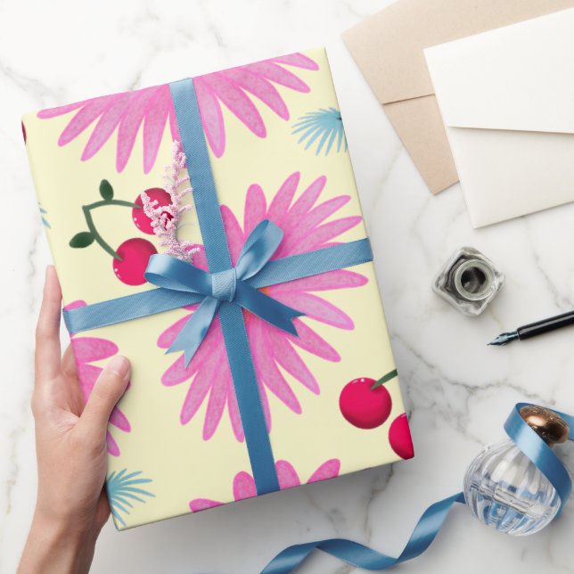 Papier Cadeau Bright Pink Floral Cherry Pattern | Cute Kawaii  (Cadeaux)