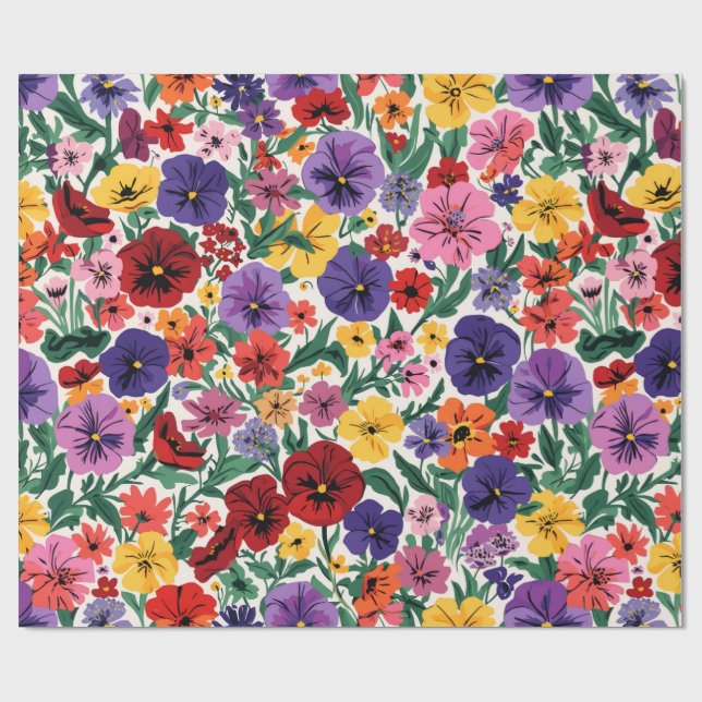 Papier Cadeau Bright Spring Pansies Floral Garden Pattern (Plat)