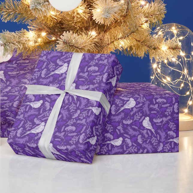 Papier Cadeau Brillant violet et blanc d'hiver Oiseau floral (Vacances)