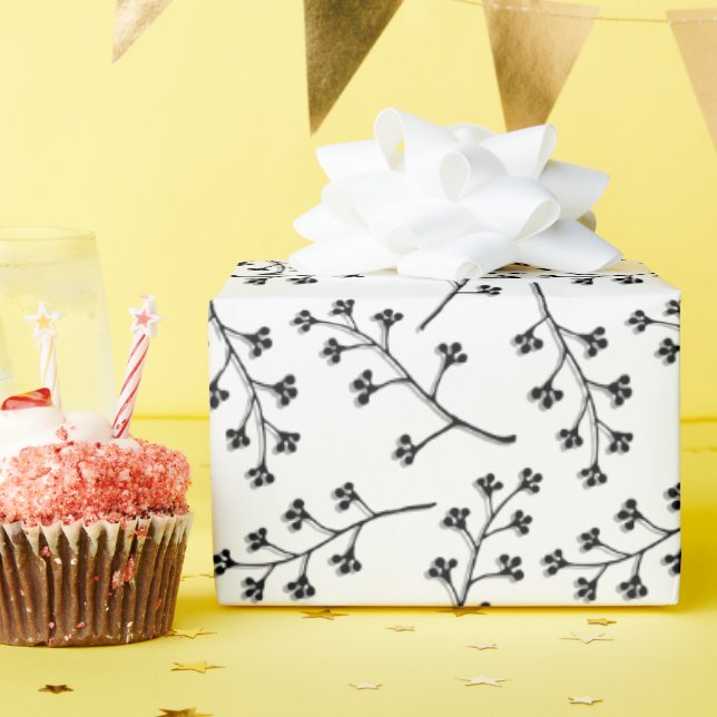 Papier Cadeau brindille de plante noire sur fond blanc (Fête d'anniversaire)