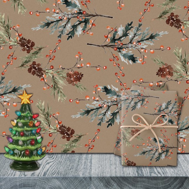 Papier Cadeau Brochure Rustique Mixte Pin D'Épinette Baies Rouge (Rustic Kraft Juniper Pine Cones Ilex Berries Christmas Holiday Gift Wrapping Paper Rolls)
