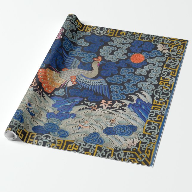 Papier Cadeau Broderie chinoise bleu d'oiseau Vintage (Déroulé)