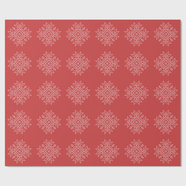 Papier Cadeau Broderie de Noël rouge flocon de neige art saisonn (Plat)