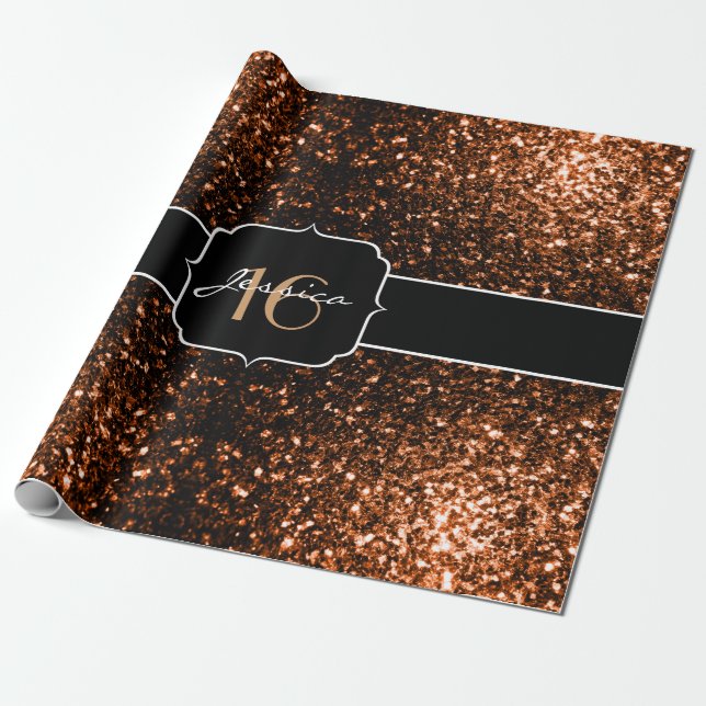 Papier Cadeau Bronze orange brun cuivre faux étincelles Sweet 16 (Déroulé)