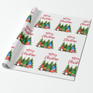Papier Cadeau Brosse rouge Script Aquarelle de Noël Gnomes Arbre
