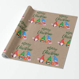 Papier Cadeau Brosse Script Noël Aquarelle Gnomes Kraft