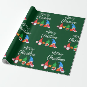 Papier Cadeau Brosse Script Noël Aquarelle Gnomes Vert