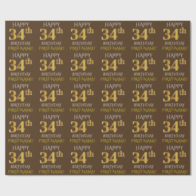 Papier Cadeau Brown, Faux Gold "HAPPY 34th BIRTHDAY" (Plat)